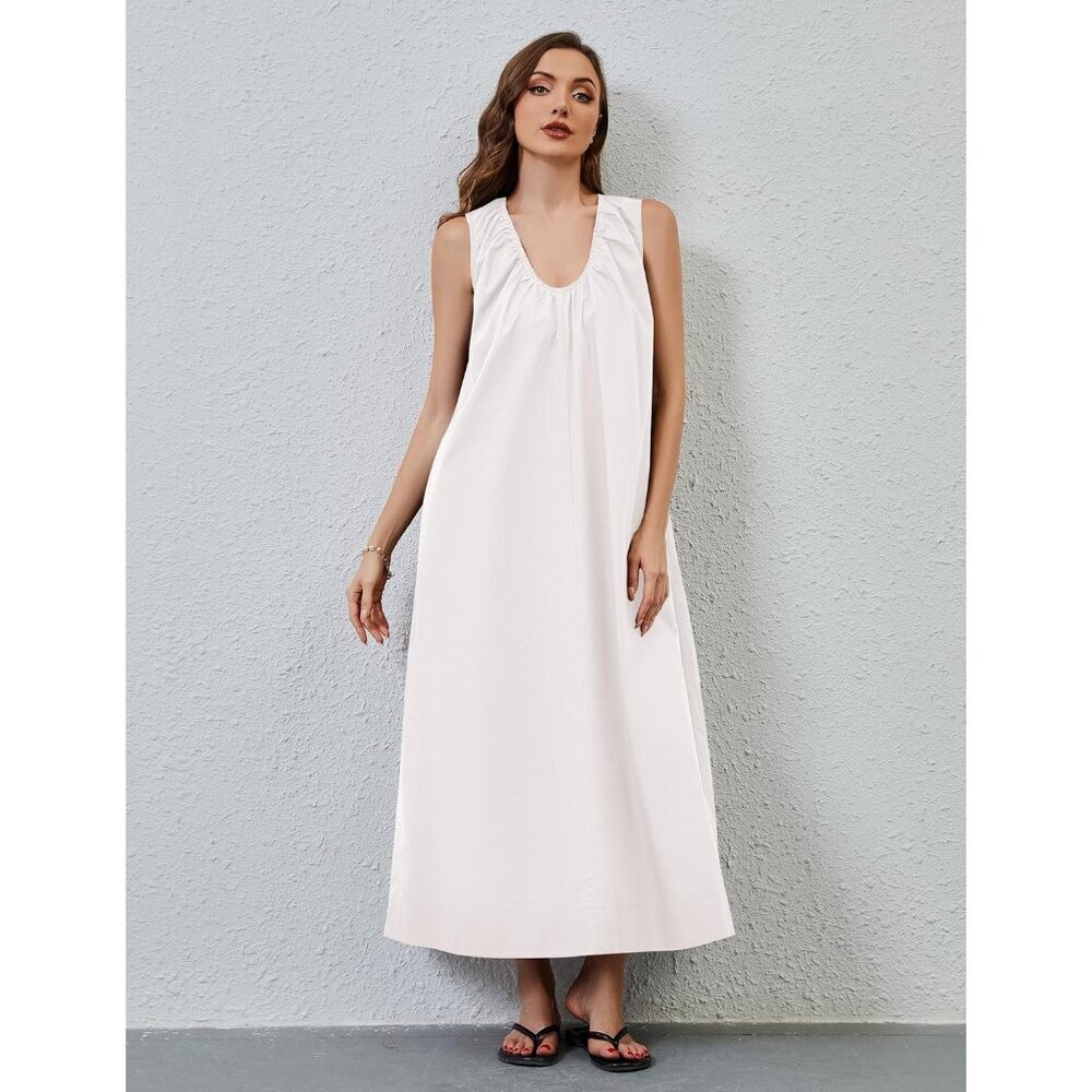 Women Flowy Maxi Dress Sleeveless Ruched Long Casual Vacation Sundress - Picture 4 of 4